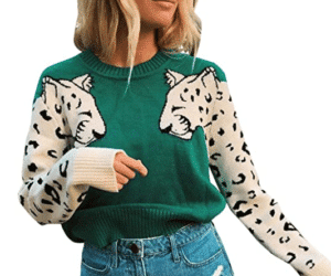 Avanova Women’s Leopard Sleeve Sweater Long Sleeve Crew Neck Knitted Pullover Sweater
