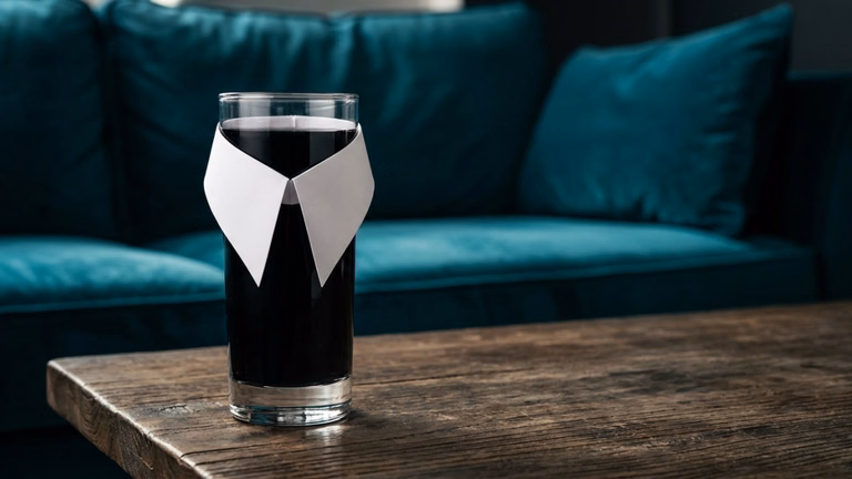The Wednesday Mocktail: A Spooky, Alcohol-Free Halloween Drink Inspired by Wednesday Addams Black Wednesday Addams-inspired mocktail with a white pointed collar on a wooden table in front of a turquoise velvet sofa.